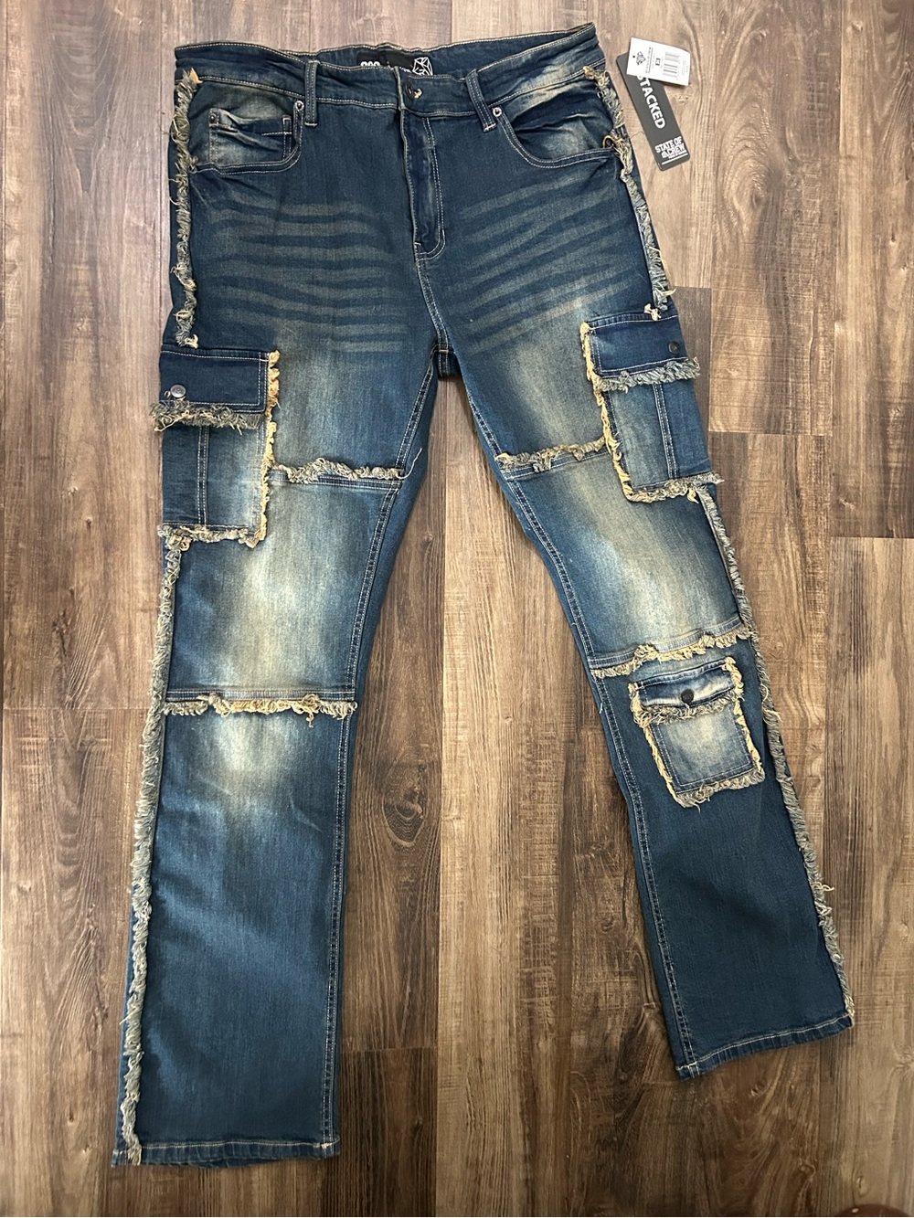 State of Crew SOC Patchwork Cargo Jeans Dark Tint Size 36x34 Frayed Streetwear